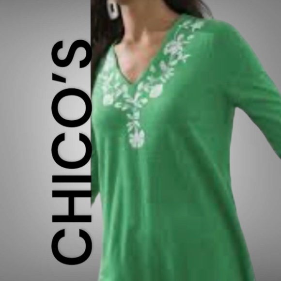 CHICO’S 100% Linen Emerald Green 3/4 Sleeve Embroidered Sequined Top US Sz L - Picture 1 of 11